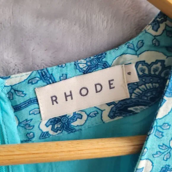 RHODE Aqua Lotus Tasha Midi Dress Size 4 Floral Print Flutter Cap Sleeve Ruffle - Picture 11 of 16